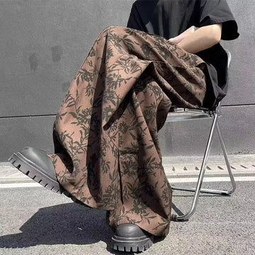 High street hip-hop men and women trendy personalized ink floral straight leg pants for couples loose retro casual pants y2k